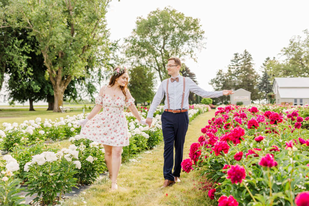 Couple Dancing Ovans Peony Farm located outside of Madison, Wisconsin. 