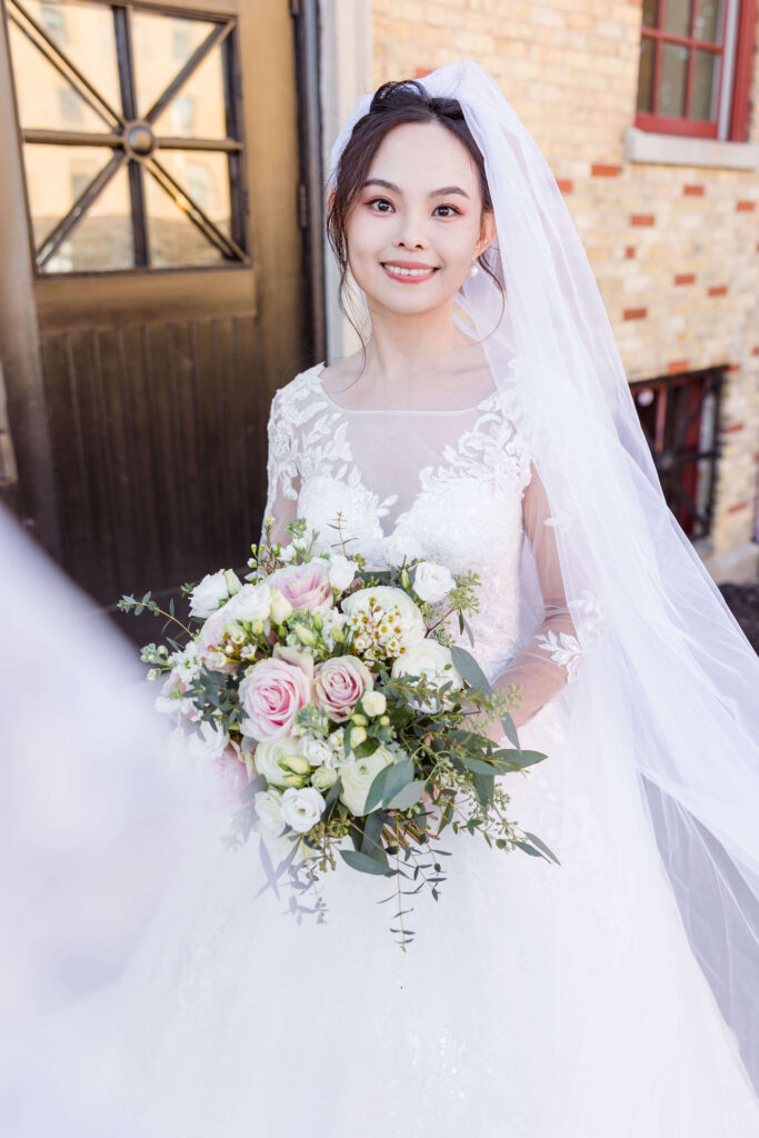 Bridal portrait in front of 10 South in Madison, Wisconsin.