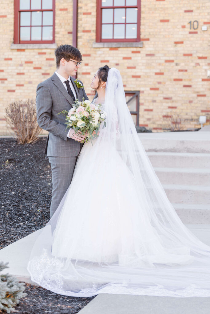 Bride's veil spread out on wedding day