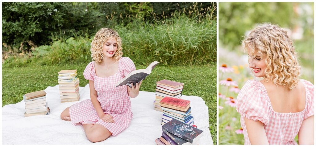Senior Photoshoot in Delafield, Wisconsin of a blond girl reading, playing the piano, or painting