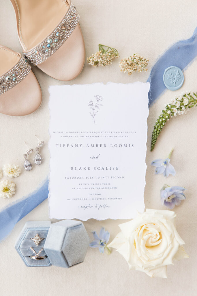 Bridal Invitation Suite, blue with white roses. 