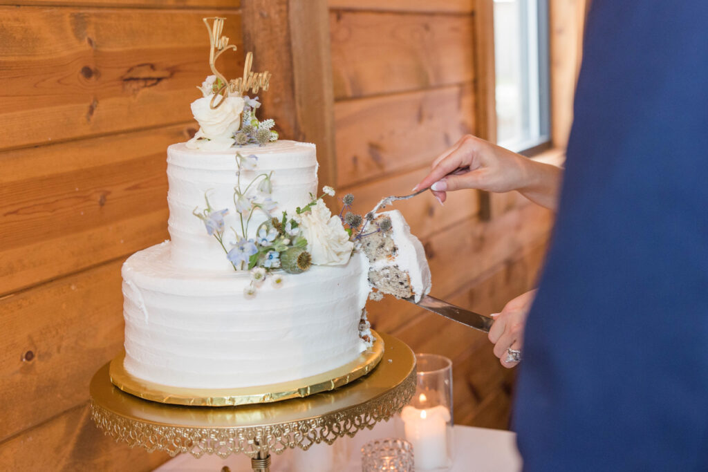 Bride and groom cutting their wedding cake. 