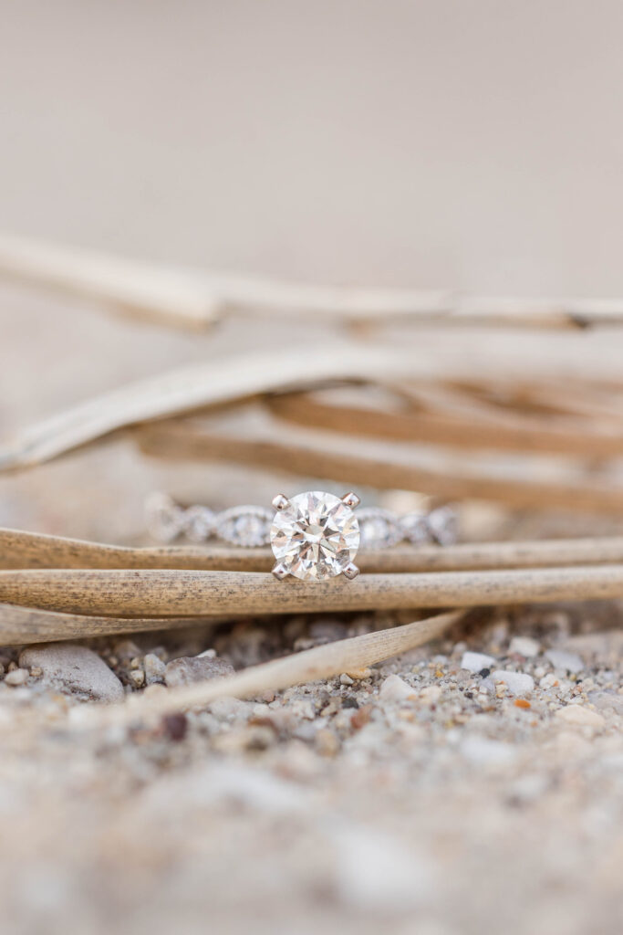 Detail photograph of engagement ring. 