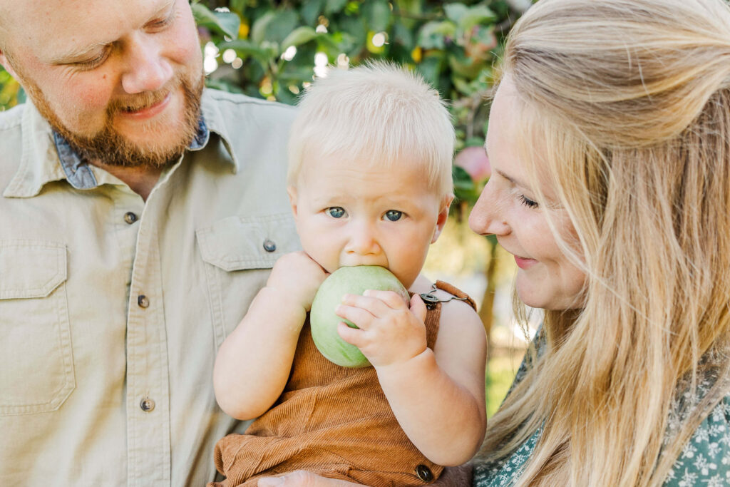 Little boy biting a green apple during a Fall family portrait session in Wisconsin. 